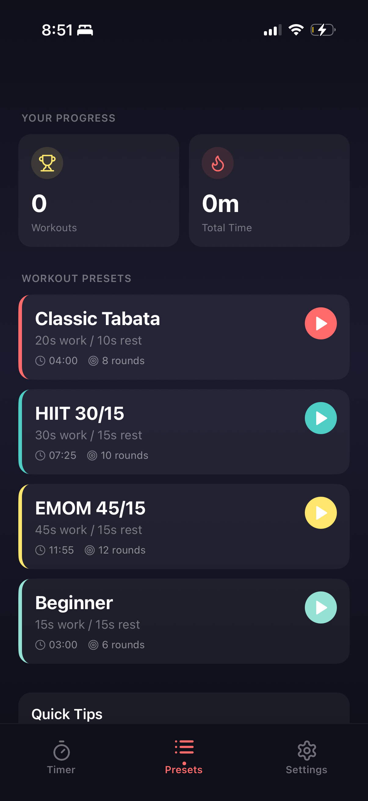 Tabata Pulse Workout Presets Screen