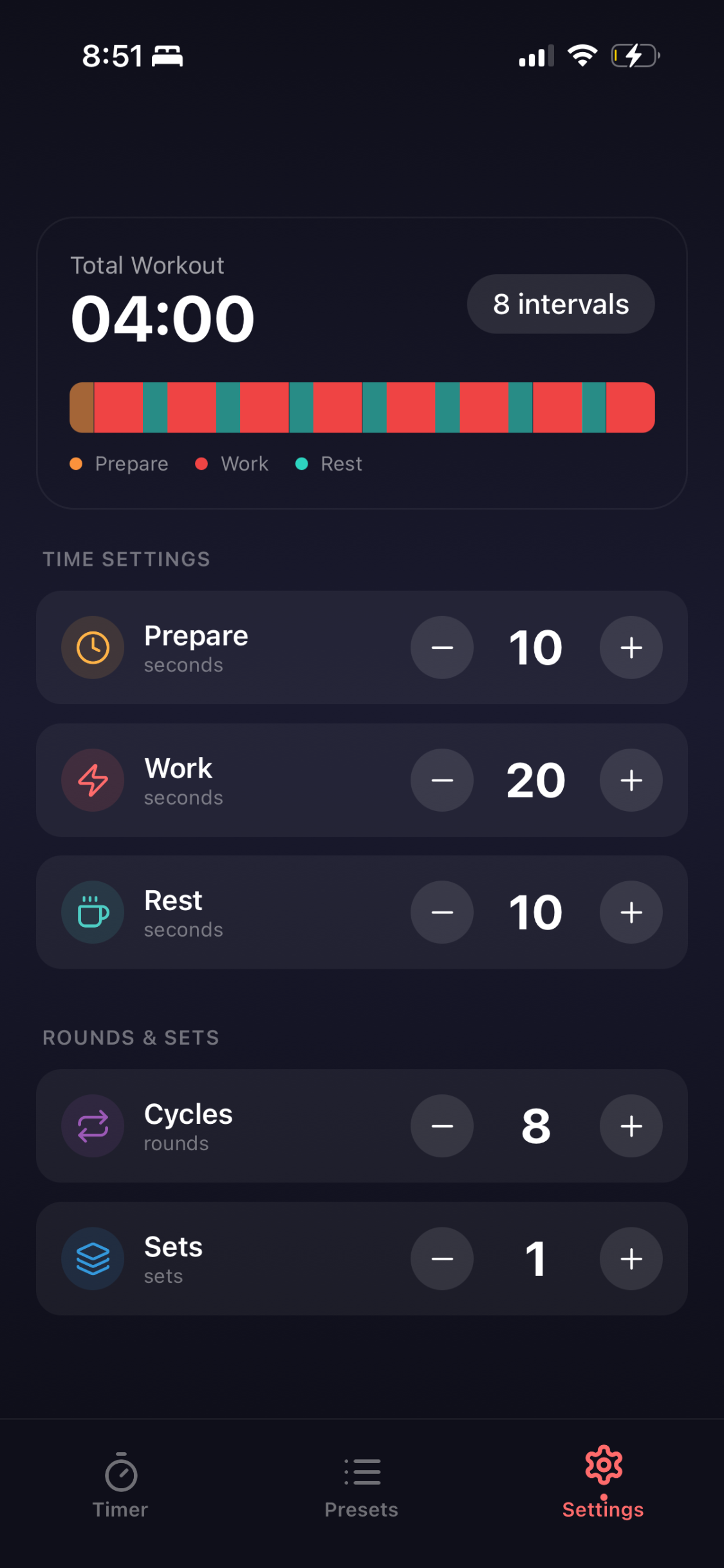 Tabata Pulse Timer Settings Screen